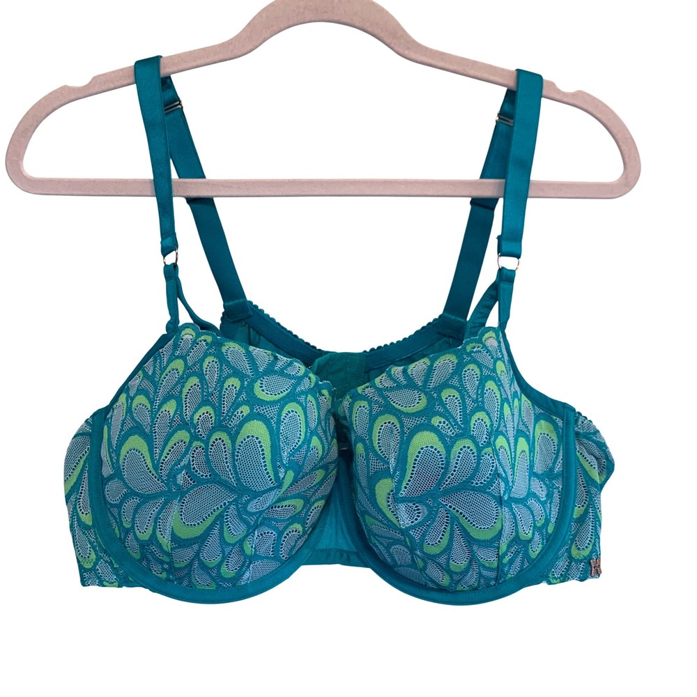 Savage X Fenty Bra 44D Teal Green Paisley‎ Lace Underwire Body Positive Colorful